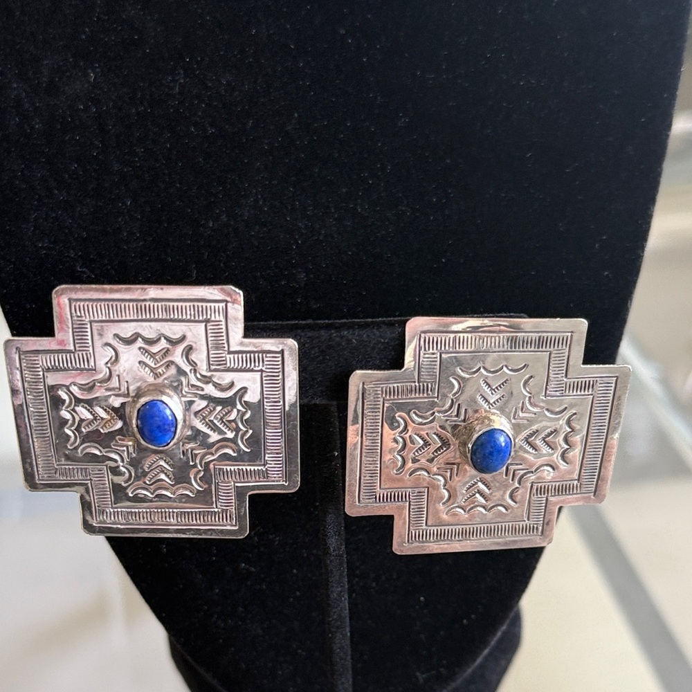 Sterling Silver Cross Motif Earrings with Lapis Stone